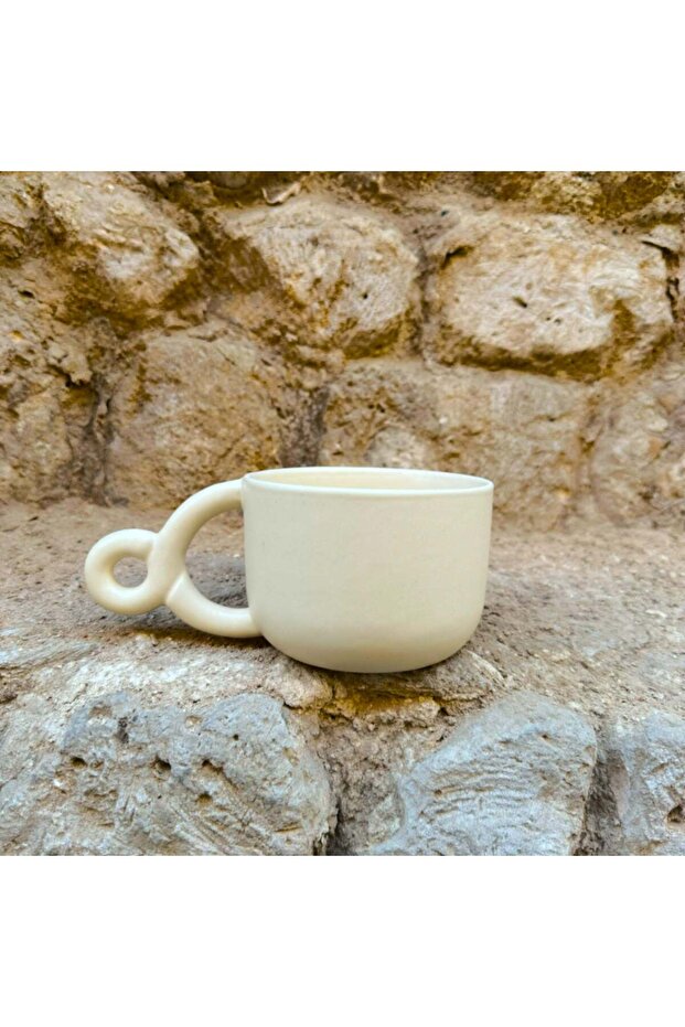 Double Ring Mug – Handmade Stoneware Ceramic Coffee & Tea Cup, 300ml, White, Artisanal, Unique Gift, Playful Handle Design