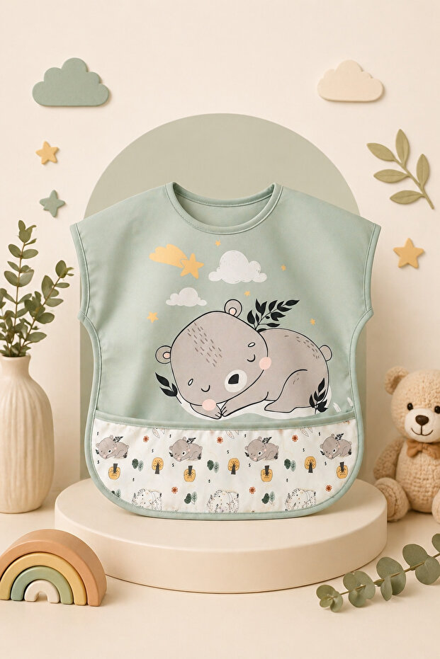 Bebechi Sevimli Ayı Desenli Cepli Kısa Kollu Su Geçirmez Bebek Mama Önlüğü