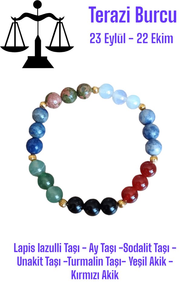 Libra Zodiac Bracelet Lapis Lazuli, Moonstone, Sodalite, Unakite, Red Green Agate, Tourmaline Stone