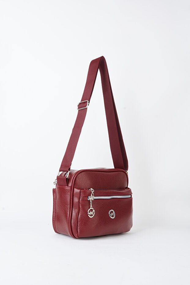 Women's Fulya Claret Red 4-Compartment Adjustable Strap Zipper Closure Handbag and Shoulder Bag