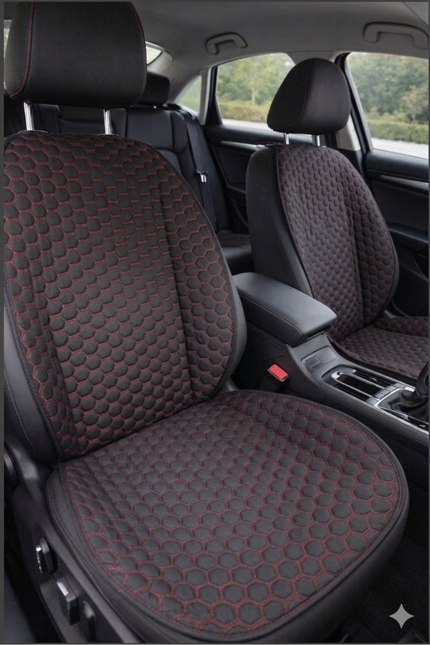 Fiat Marea Compatible Anti-Slip Based Car Seat Cushion Set - 5-Piece Full Set - Sponge-Backed - Quilted - Anti-Sweat Fabric - Practical Installation (Black-Red)