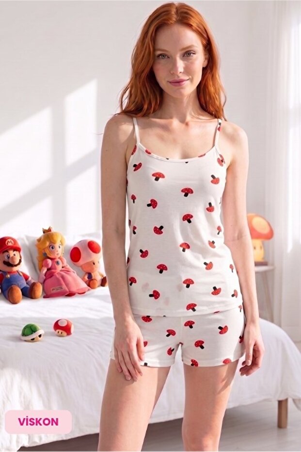 White Mushroom Pattern Buttonless Crew Neck Lycra Viscose Summer Rope Strap Mini Shorts Pajama Set