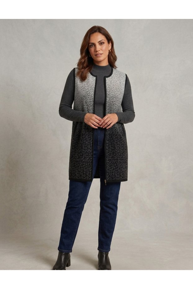 Leopard Patterned Long Knit Vest with Zero Collar, Zipper and Pockets