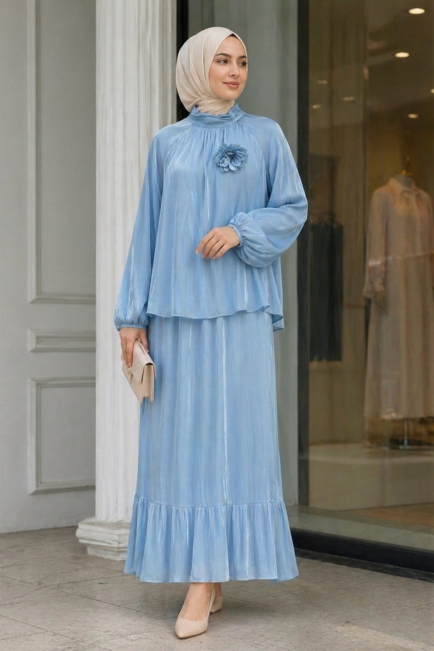 Baby Blue Elastic Sleeves Bronchial Detailed Blouse and Skirt Set