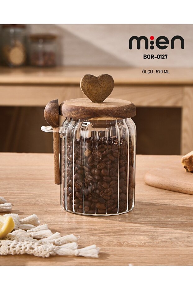 570ml Heart Acacia Glass Jar with Lid and Spoon