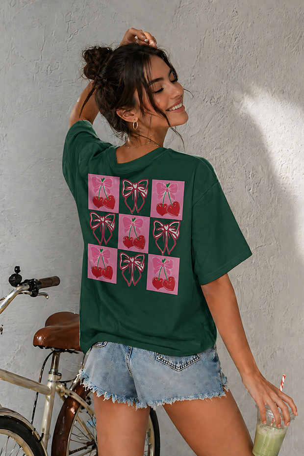 Cherry and Bow Back Print Unisex Oversize T-Shirt – Cotton Crew Neck Casual T-Shirt