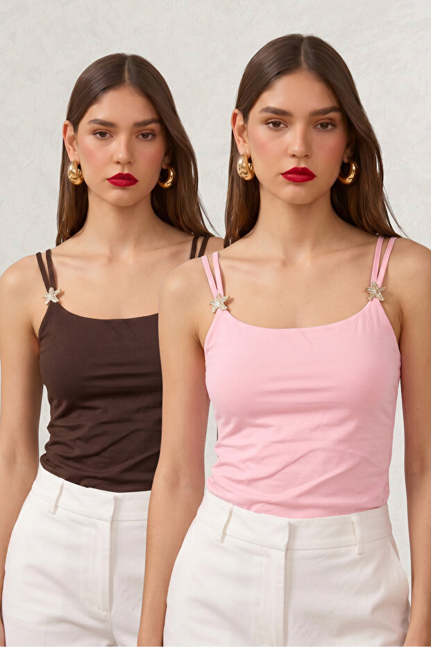 Gold Detailed Strappy Women's Blouse 2-Pack