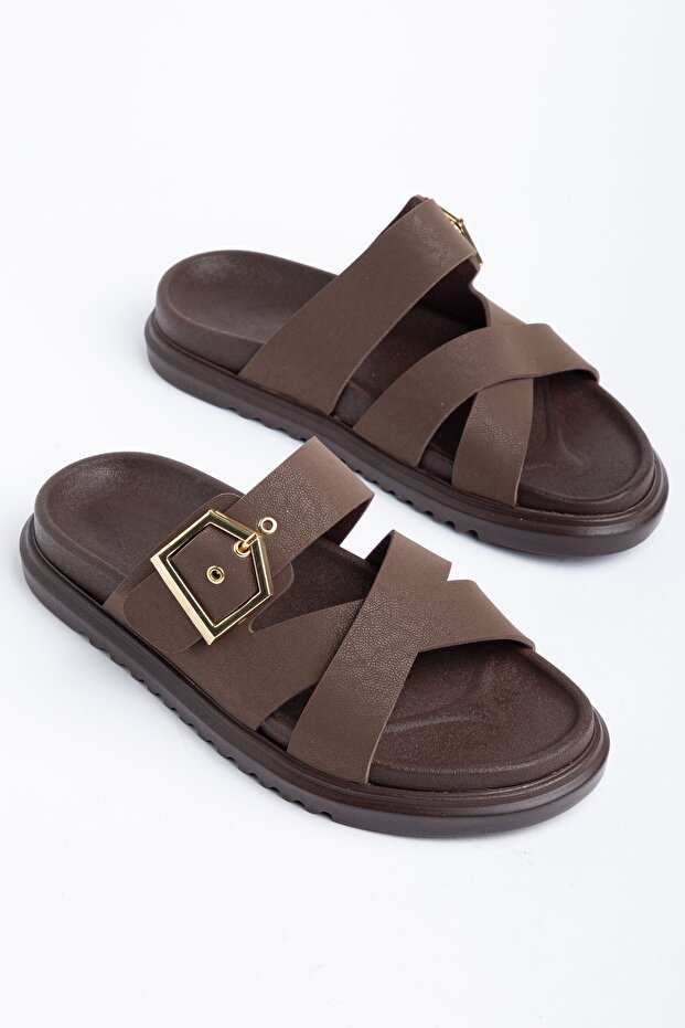 Ella Women's Brown Leather Gold Detailed Poly Sole Slippers