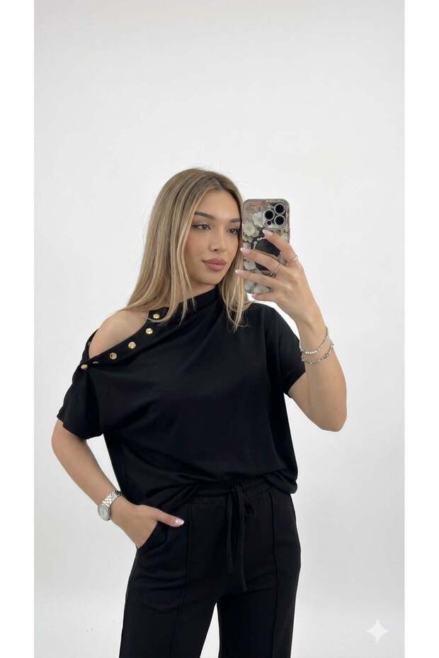 Islana Shoulder Buttoned Modal Fabric Suit Black