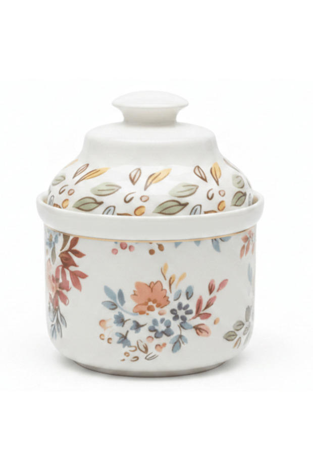 Luhpar Floral White Ceramic Sugar Pot with Decorative Lid for Tea, Coffee – 10 cm