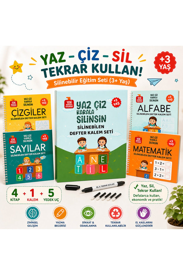 Yaz-Sil Reusable Training Set | Alphabet Numbers Mathematics Preschool Educational Book | 4 Books