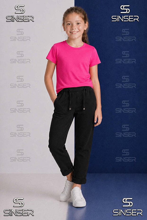 Girls' Plain Trousers with Elastic Waist, Lycra, Folded Cuffs Style 5.Mdl
