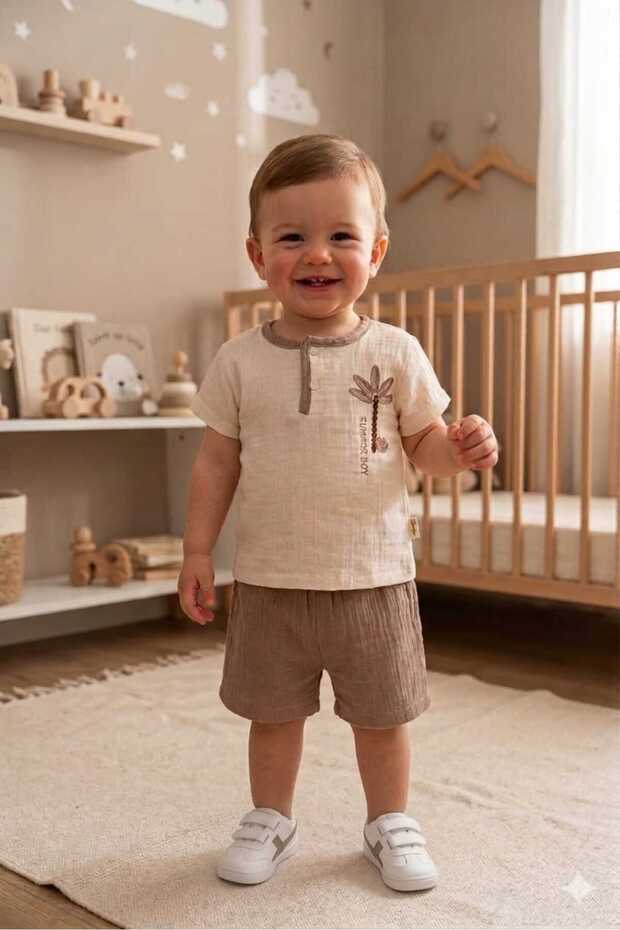 Palm Tree Embroidered 100% Cotton Muslin Fabric Baby Boy Summer Shorts 2-Piece Set