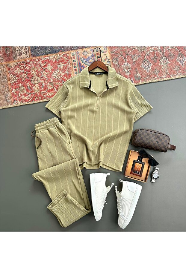 Men's Half Zip Polo Collar T-Shirt and Pants 2-Piece Combination
