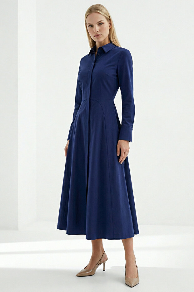 Long Sleeve Waist-Fitted Regular Midi Shirt Dress