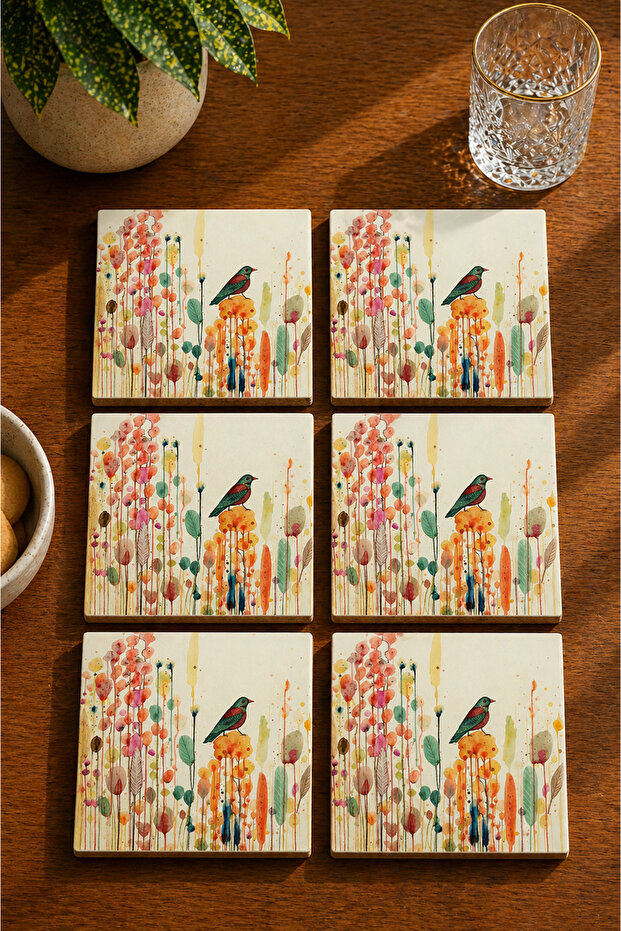 Abstract Nature - Bird Landscape Themed Modern Set of 6 Coasters - Uv Printing Mdf - 10X10 cm