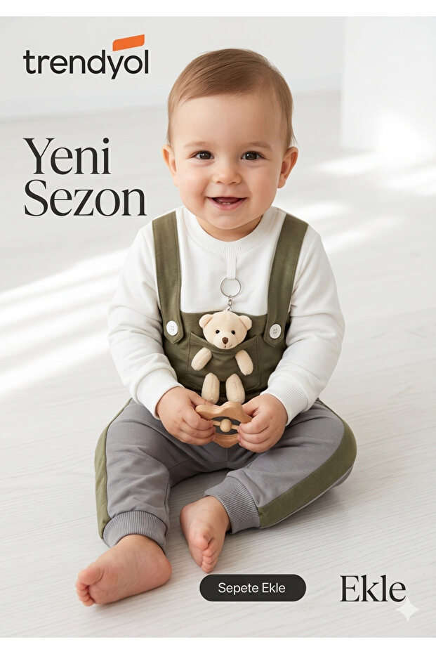 Teddy Bear Detailed Strappy Baby Set Khaki White Long Sleeve Top and Bottom 2-Piece Baby Combination 6-18 Months