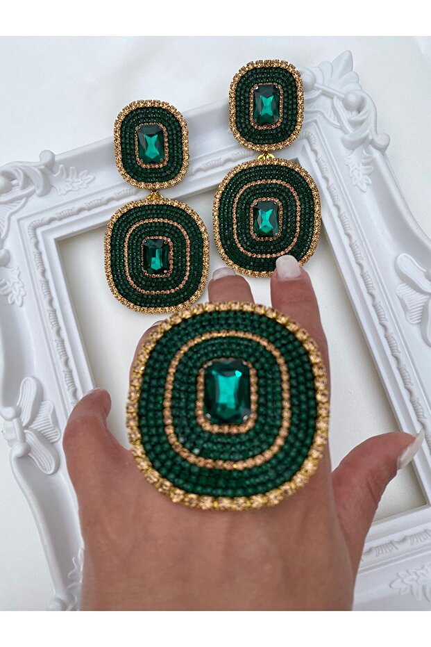 Special Design Handmade Emerald Green Gold Detailed Evening Dress Ring Earring Set