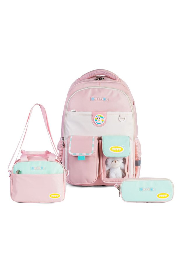 Set of 3 Primary School School Bag Backpack Set with Nutrition Pen Holder Powder 1811