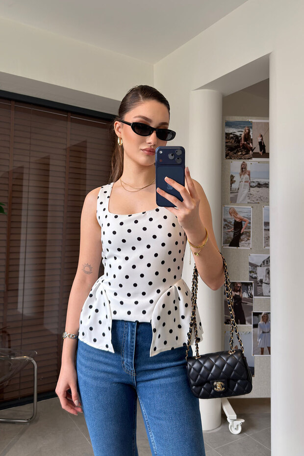 Polka Dot Square Neck Flounce Blouse - White