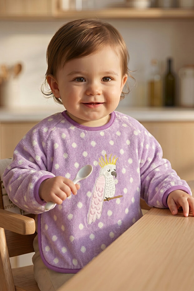 100% Organic Cotton Embroidered Long Sleeve Food and Activity Bib for Parrot 1-3 Years Old
