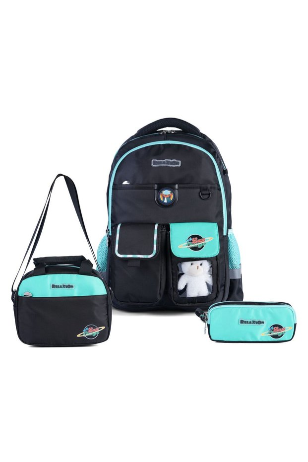 Set of 3 Primary School School Bag Backpack Set with Lunch Box and Pen Holder Black 1811