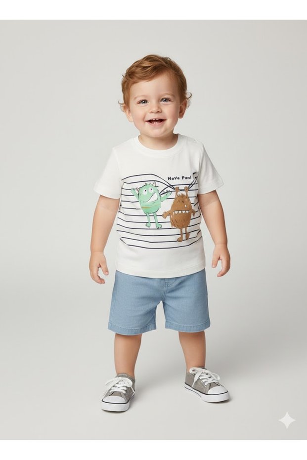 Baby Boy 2-Piece Set Striped T-Shirt with Monster Figure and Denim Shorts Combination