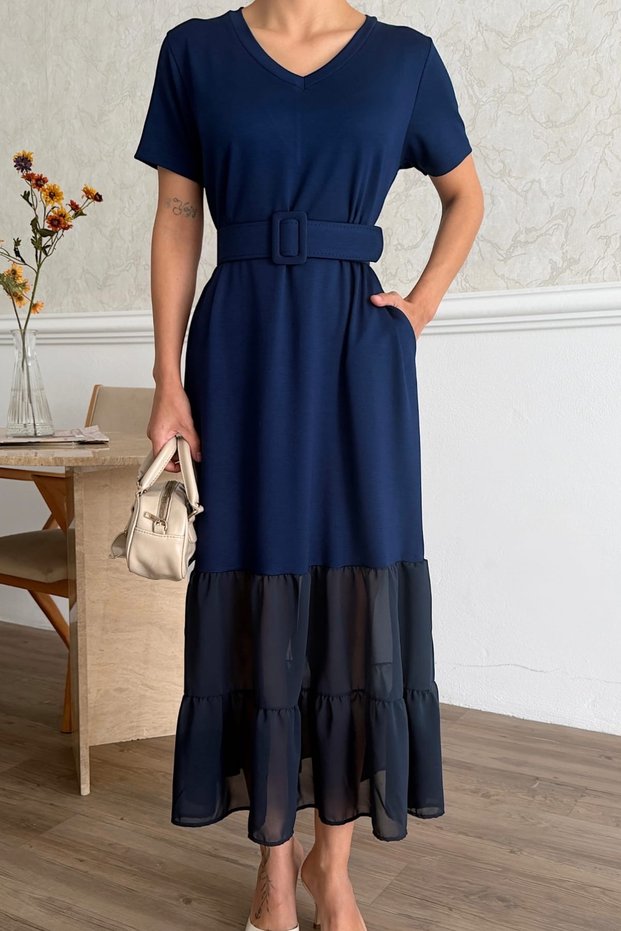 Women's V-Neck Short Sleeve Belted Skirt Chiffon Detailed Modal Dress