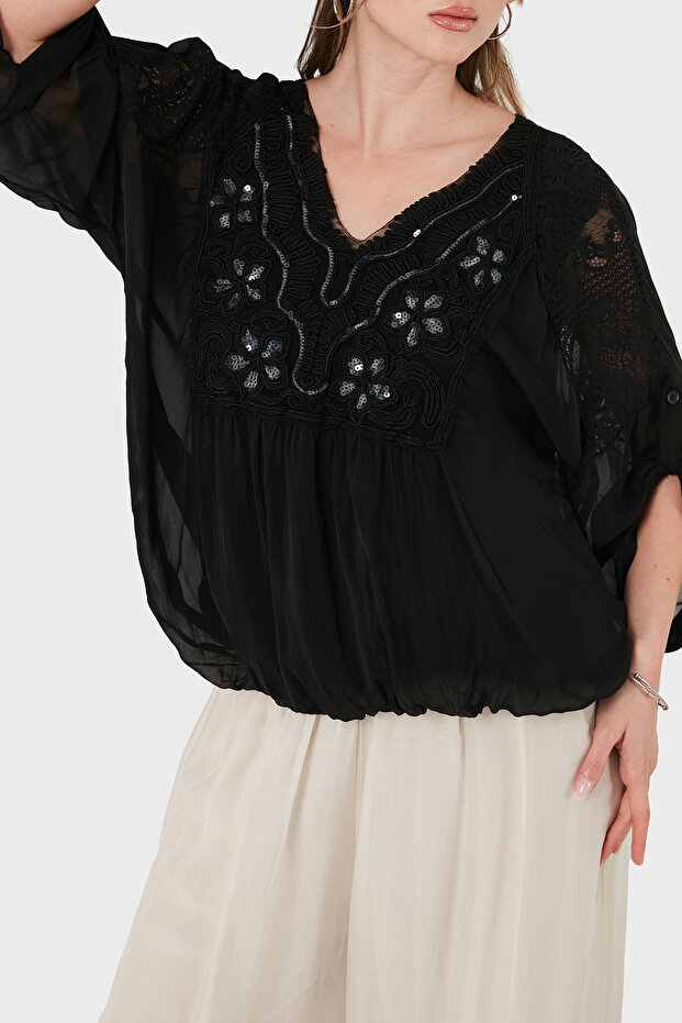 Oversize Silk V-Neck Lace Detailed Blouse Bluz 6901023