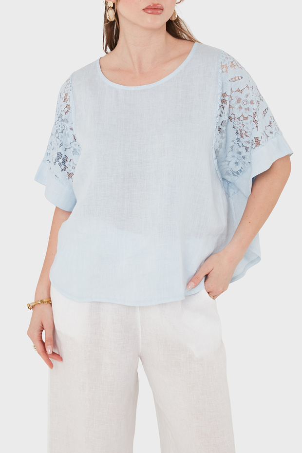 Relaxed Fit Lace Detailed Linen Blouse Bluz 7222P