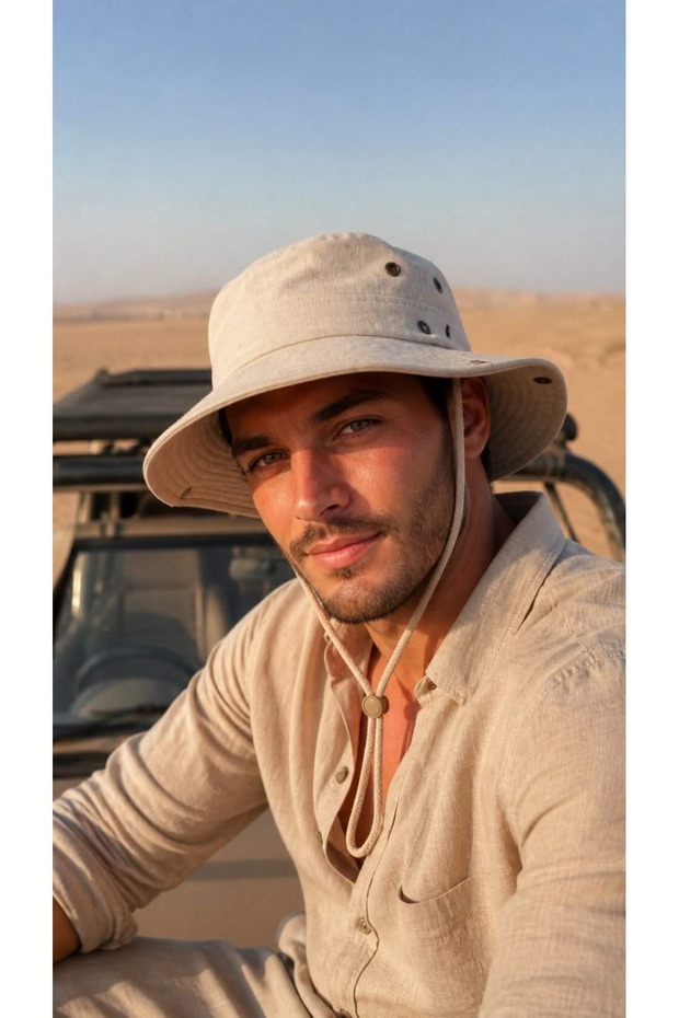 Beige Linen Adjustable Drawstring Safari Bucket Men's Hat