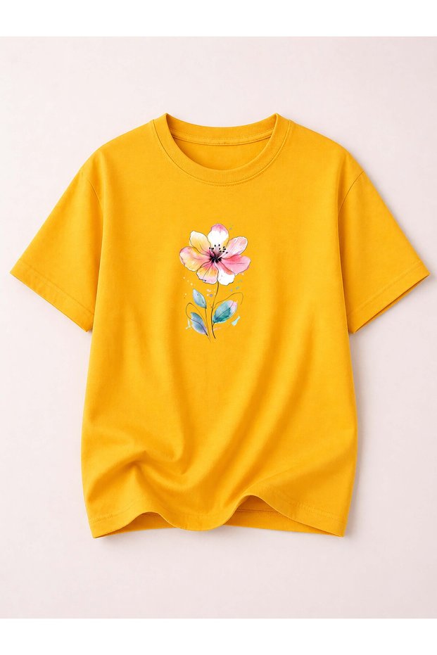 Women's Crew Neck Cotton T-Shirt with Colorful Floral Print Detail