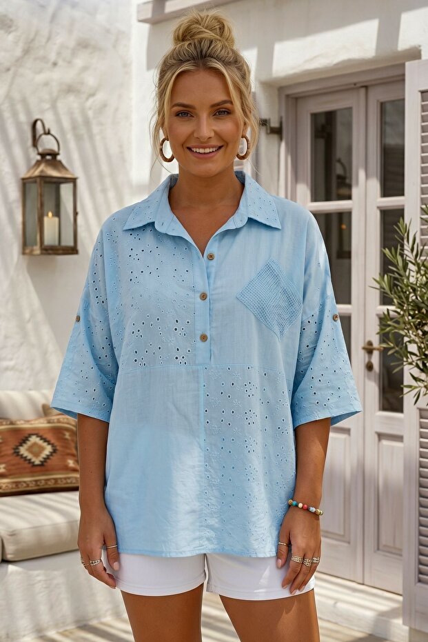 Light Blue Shirt Collar Short Sleeve Buttoned Mesh Pocket Embroidered Casual Cotton Woven Blouse 70 60