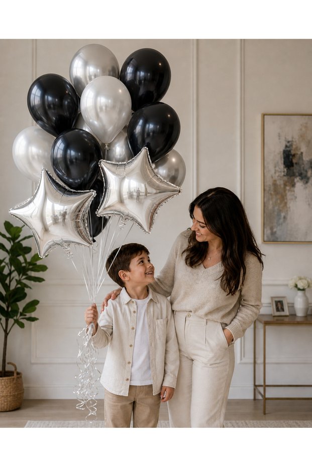 12-Piece Helium Compatible Black White Silver Balloon Set Birthday Party Decoration Set with 18-Inch Starry Foil Balloons