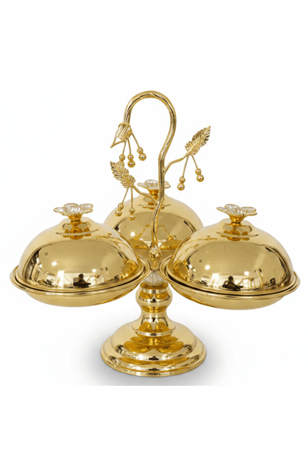 Elegant 3-Section Gold Candy Serving Bowl with Lid – Footed Design for Nuts, Sweets & Dry Fruits – 17 × 33 cm