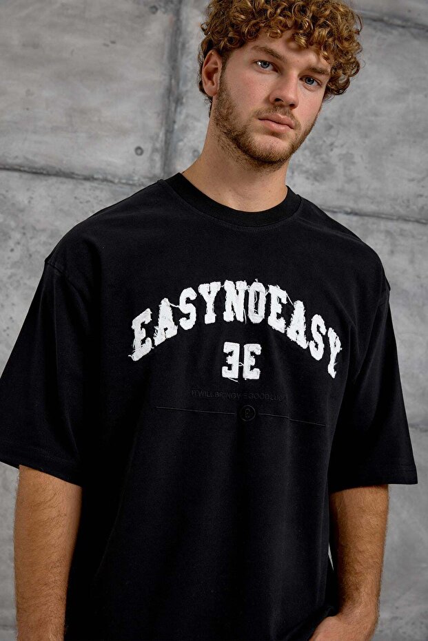 Men's T-Shirt Easy Print Black Oversize Printed Crew Neck Cotton - 2