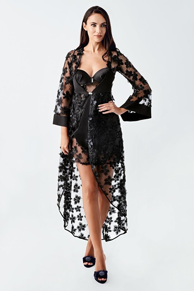 Women's Satin Lace Dowry Dressing Gown Nightgown Set 2410