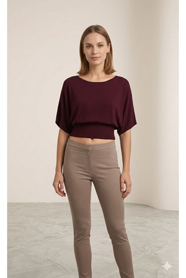 Round Neck Loose Fit Oversize Bat Sleeve Waist-Fitted Gathering Summer Spring Viscose Knitwear Blouse