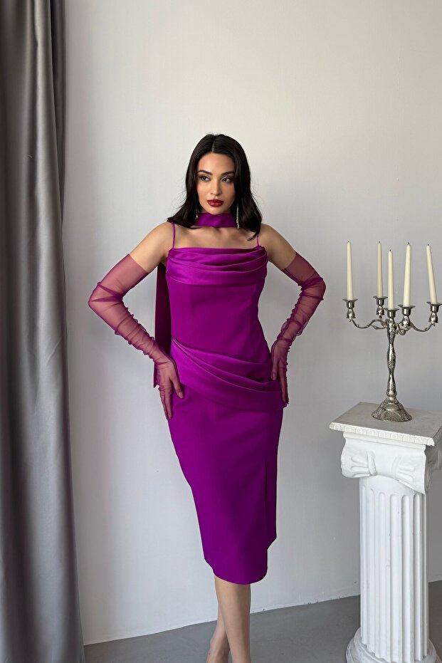 Fuchsia Gloved and Scarf-Strapped Midi Evening Dress