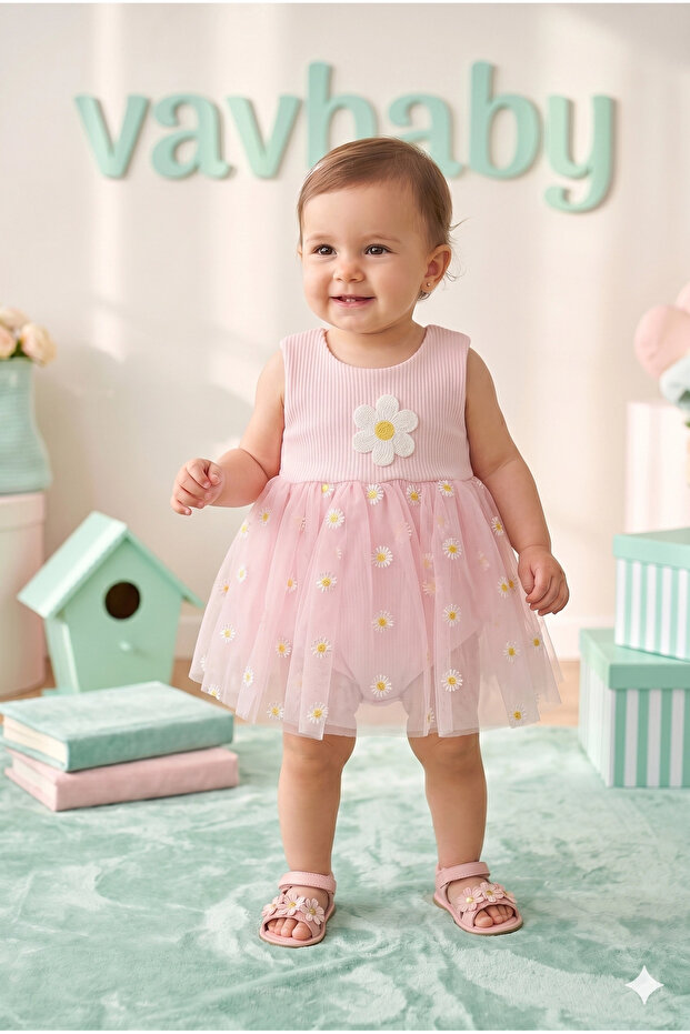 Baby Girl Daisy Embossed Patterned Snap Fastener Tutu Dress-Pink
