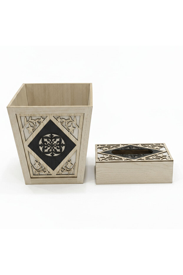 Wooden Dustbin with Matching Tissue Box Set – Natural Finish Home and Office Organizer
