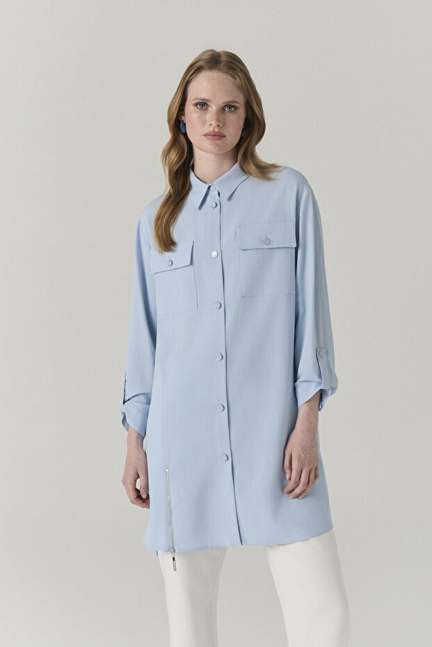 Blue Tunic with Flap Pockets and Button Detail 1655
