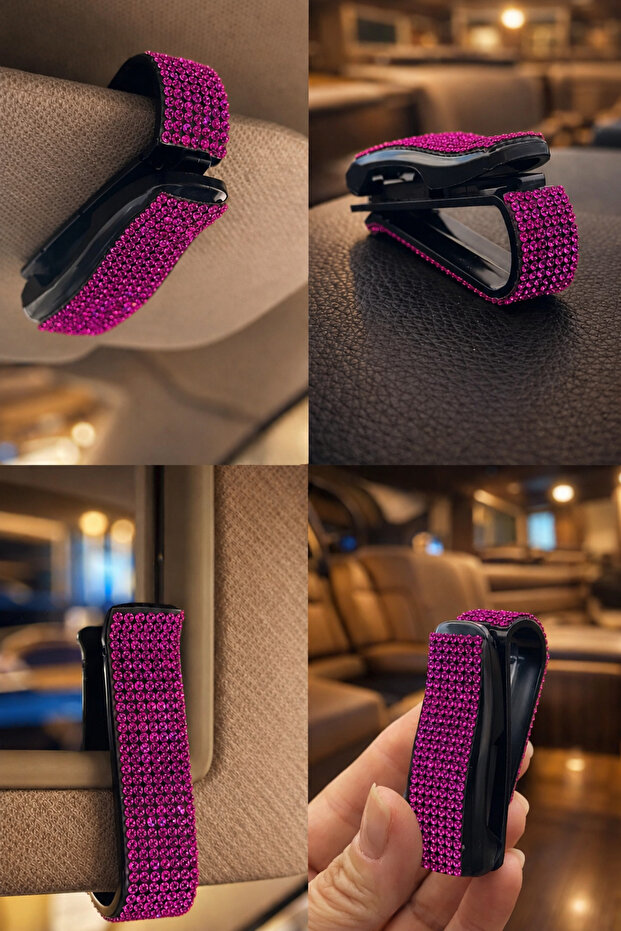 Special for Women: In-Car Glasses and Card Holder, Fuchsia Crystal Stone, Sparkling Clip-On Sun Visor Organizer
