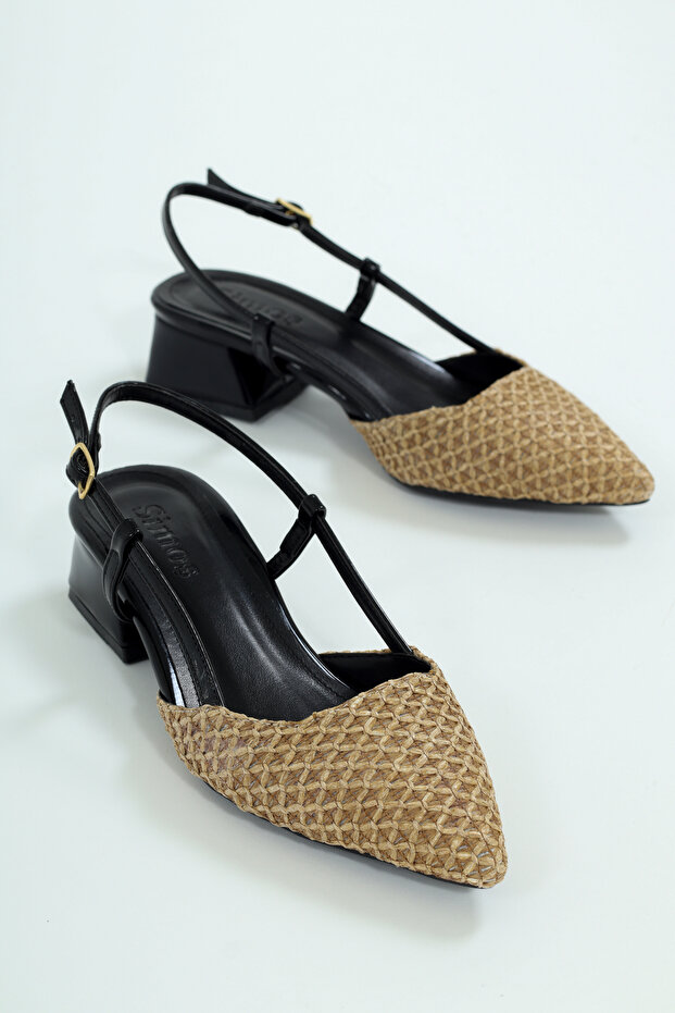 Women's Straw-Patterned Black Patent Leather Open-Back Pointed-Toe Heeled Shoes