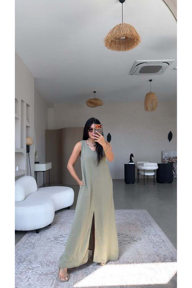 Khaki V-Neck Muslin Slit Dress