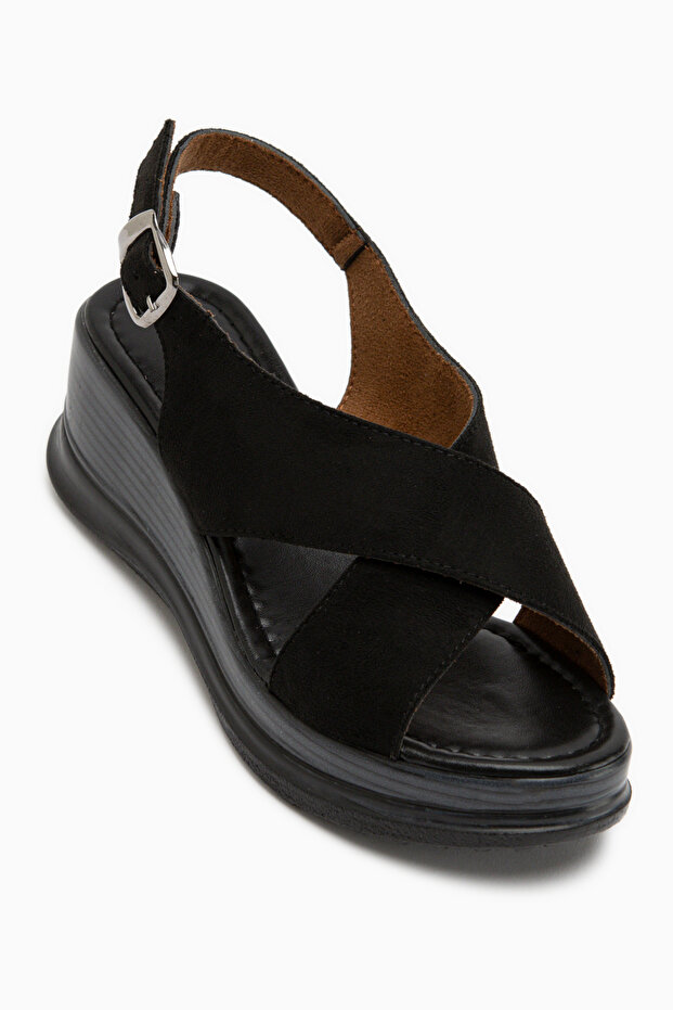 Birthe Black Suede Cross-Strapped Wedge Heeled Women's Sandals