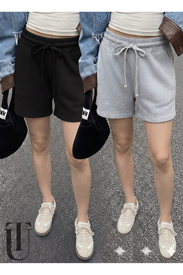 2-Piece Shorts for Women (Black-Grey) Basic Summer Shorts Set - Comfortable Fit Above the Knee, 2-Piece Economical Pack