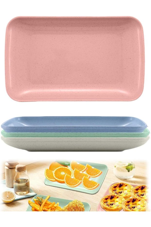 4 Colors Big Rectangular Dinner Plates Unbreakable Wheat Straw Plates, Reusable Durable Lightweight Salad Plate