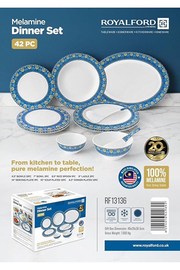 Melamine 42pcs Dinner Set RF13136 Soup Bowls Serving Spoon Dinnerware Plates Shatterproof Dishwasher, Freezer Safe Made in Malaysia