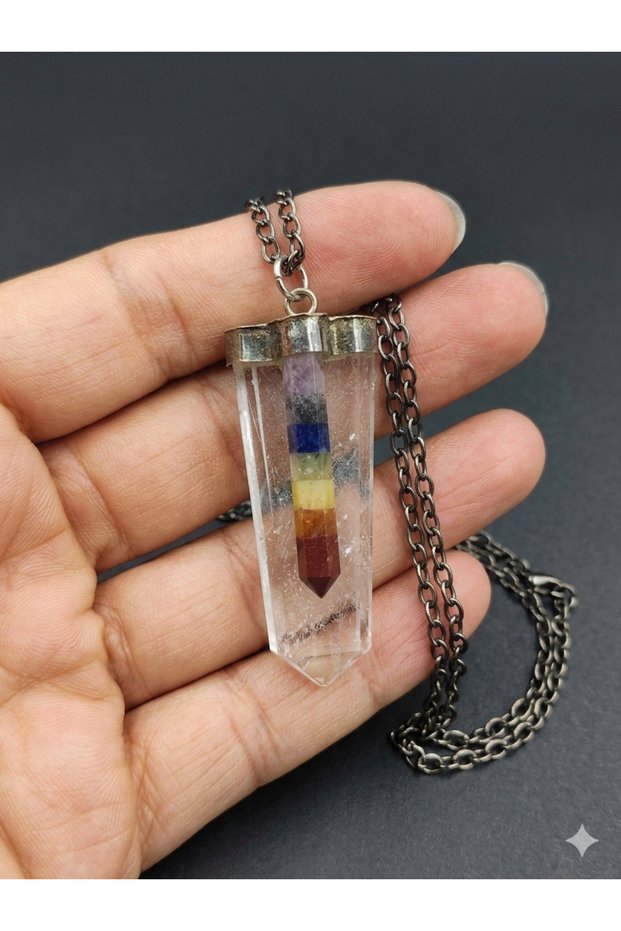 Crystal Quartz 7 Chakra Pendulum Necklace | Negative Energy Cleanser Natural Stone Reiki & Energy Balancing Healing Necklace